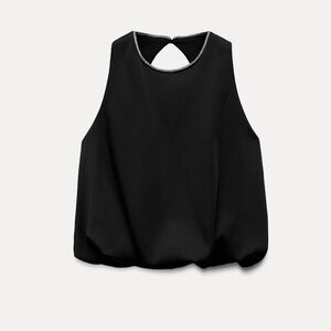 NWT Zara Womens Sz Small - Black Open Back Balloon Rhinestone Collar Appliqués